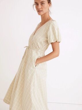 Spring Green Plaid Puff-Sleeve Wrap Dress